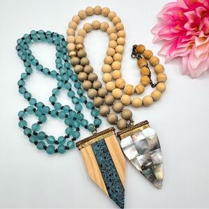 Boho Beaded Necklace Set Geometric Chevron Pendants Inlay Abalone Wood Glass